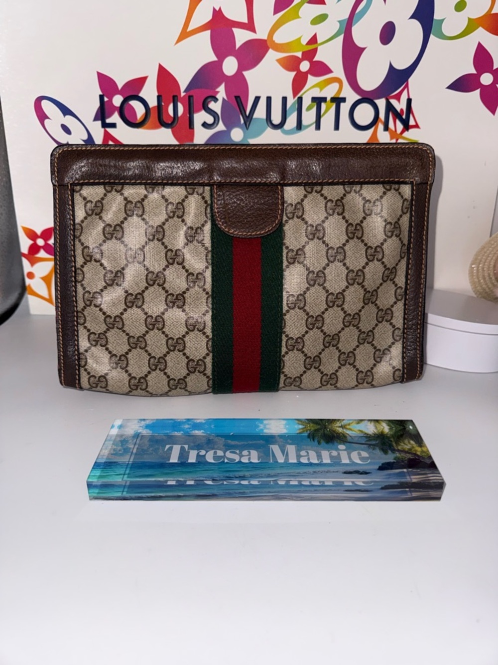 SOLD-Gucci Brown Leather Trim Pouch - s